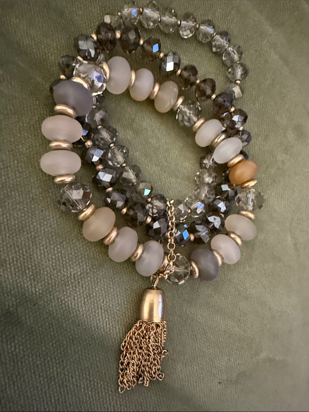 Multi-Strand Crystal and Gold Tassel Bracelet - Gray, White, Gold